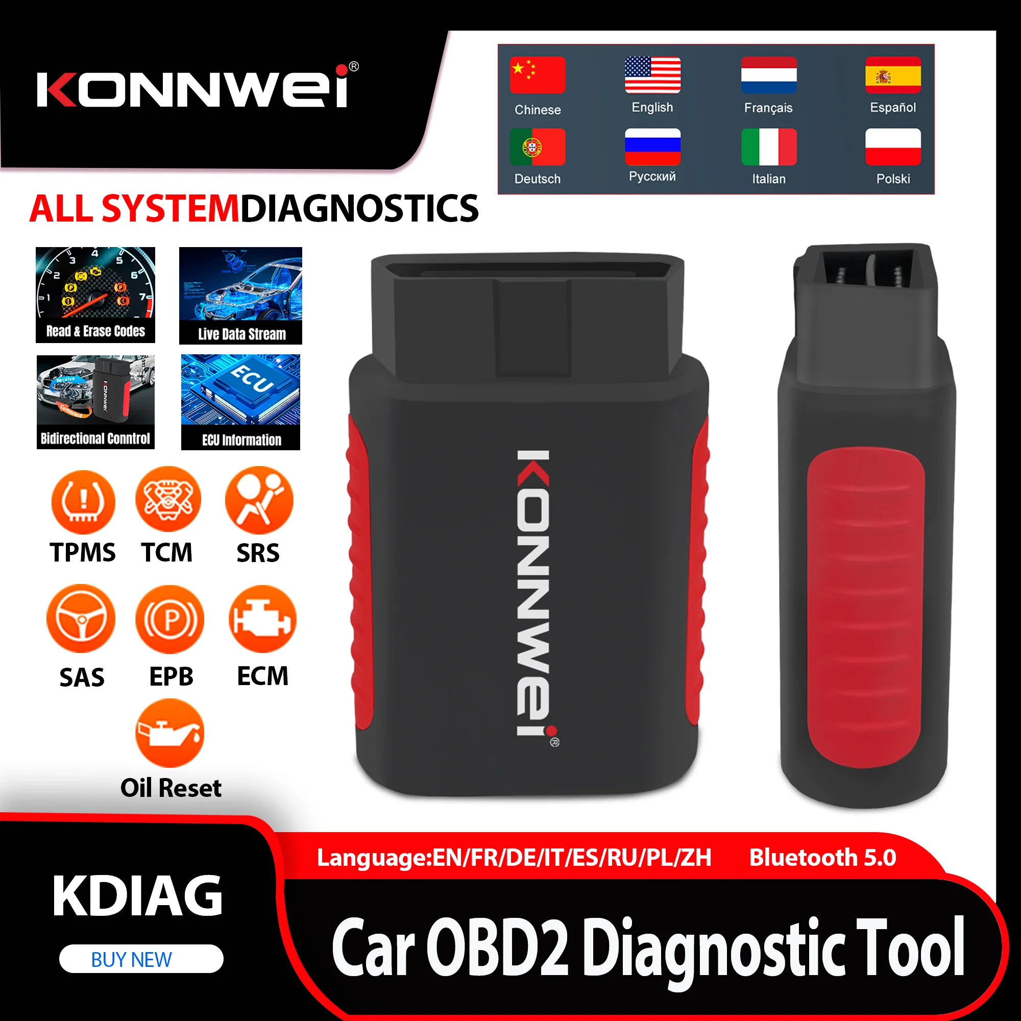 KONNWEI KDIAG Car OBD2 Diagnostic Tool Bluetooth Full System Auto Scanner Oil Reset SRS SAS EPB Service ECU TPMS Programmer Tool