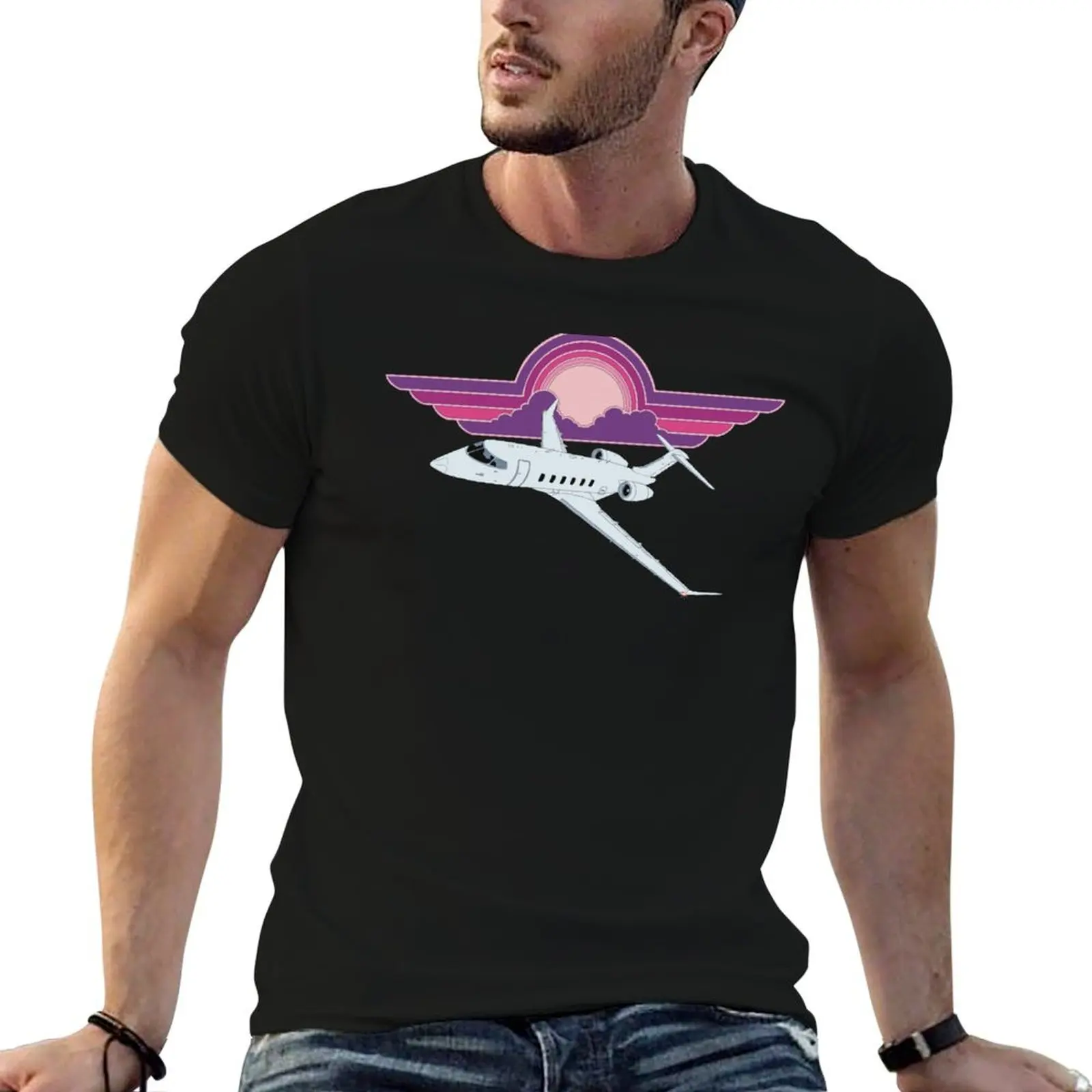 Bombardier Challenger 350 Jet Sunset Pilot Wings Retro Aviation Design T-Shirt blue archive shirts graphic tees men t shirts