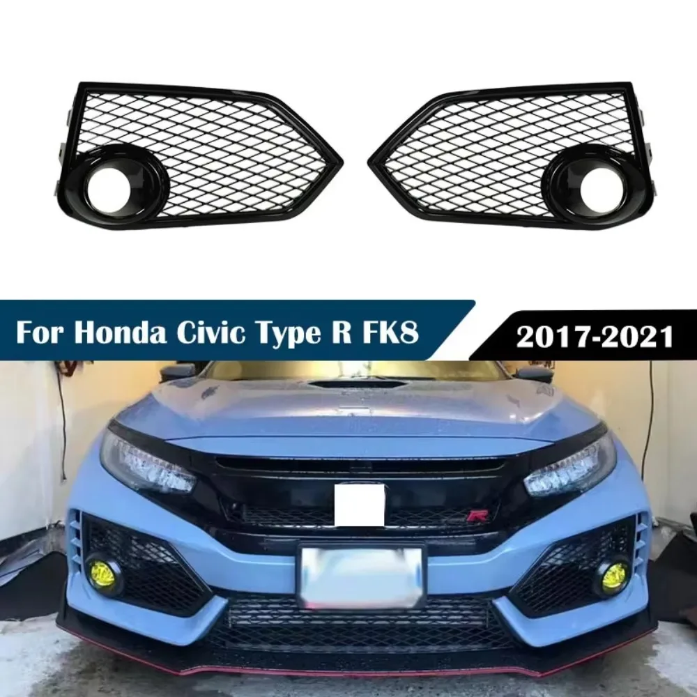 For Honda Civic Type R FK8 2017 2018 2019 2020 2021 Black 2pcs Front Bumper Fog Light Cover Mesh Gloss Black Lamp Tirm Cover