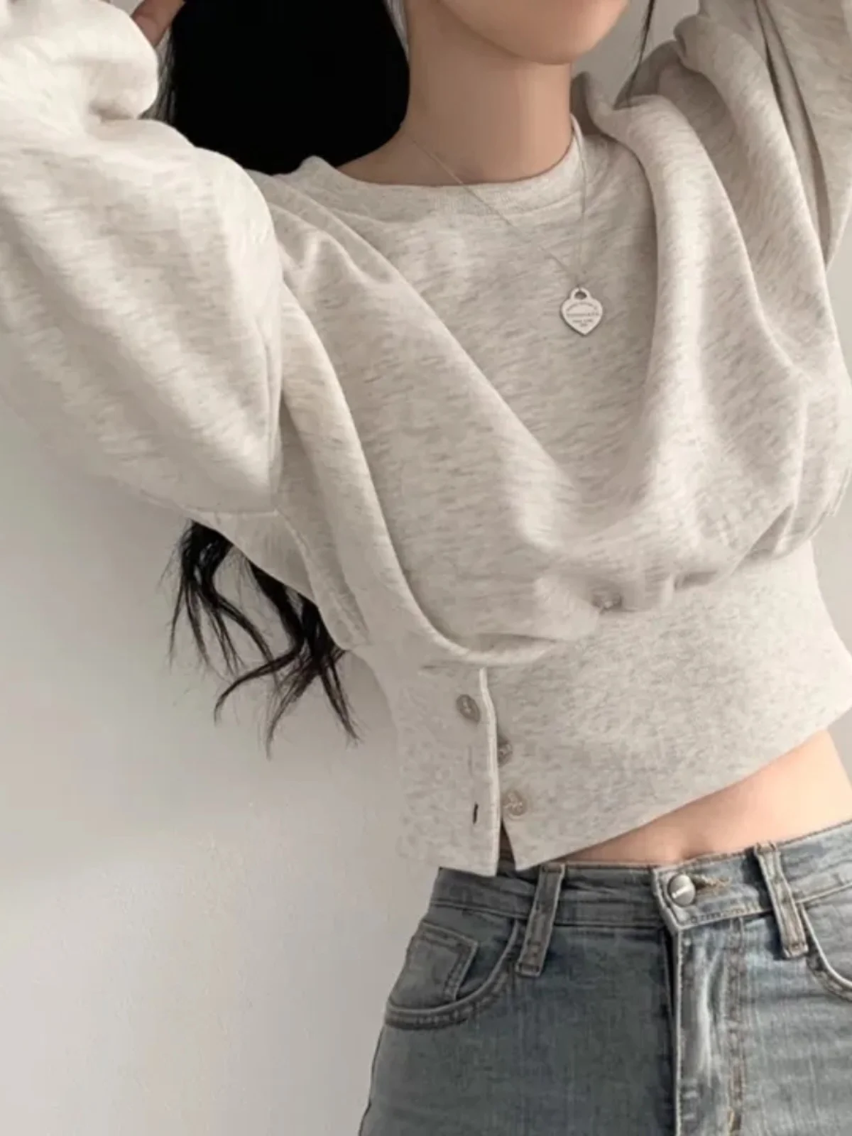Korean Style Chic Short Pullover Hoodie Women's Autumn Winter Loose Waist-Cinching Button-Up Unique Hatless Top