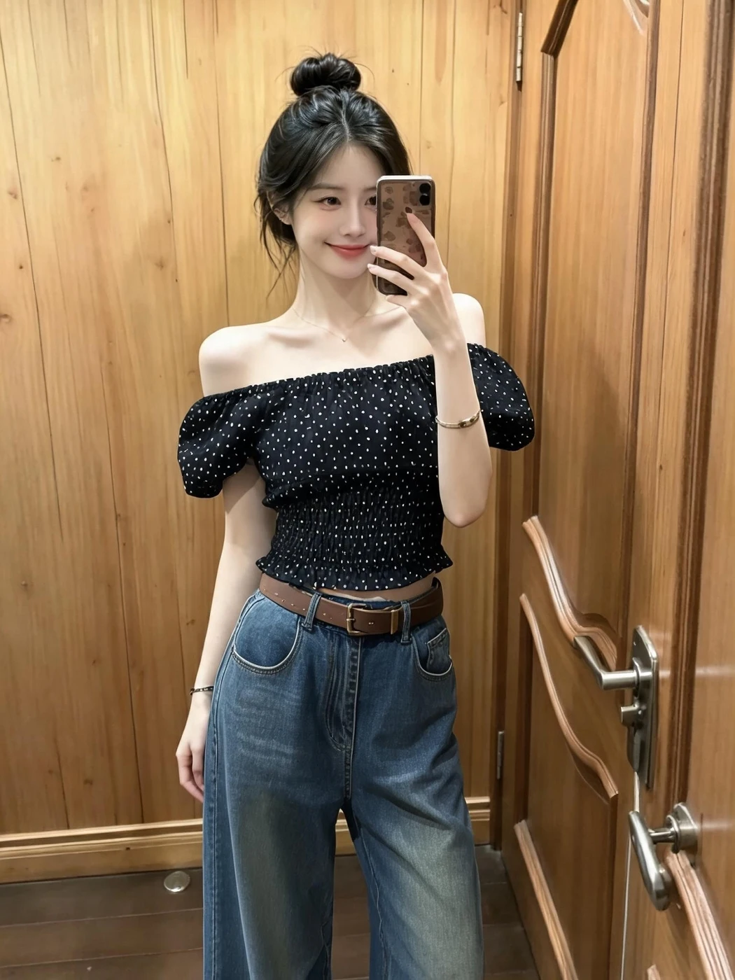 

Slim Fit Polka Dot Shirt Women's Summer American College Style Short Length Bubble Sleeve One Shoulder Top Korean Style Commute