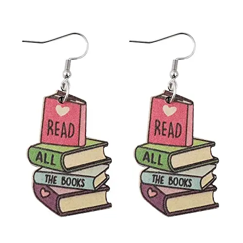 Funny Stackable Book Pencil Drop Dangle for Women Wooden Classic Librarian Teacher Student Graduation Earrings