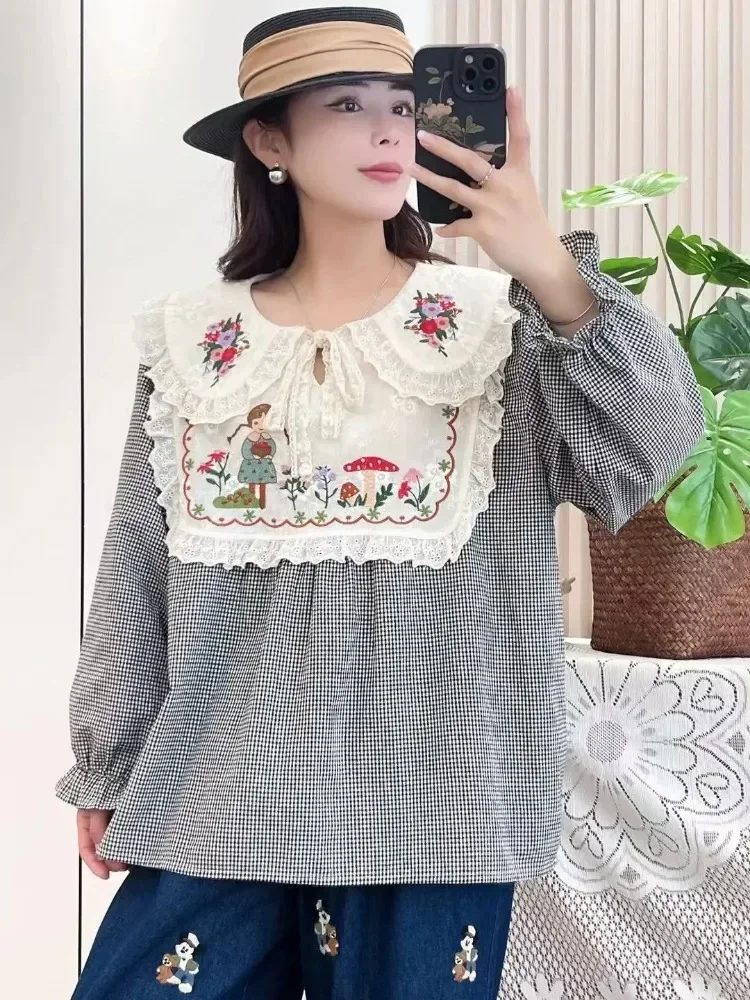 

High Quality New Autumn Soft Cotton Long Sleeve Shirt, Women Peter Pan Collar Embroidery Top Mori Girl Popular Sweet Blouse