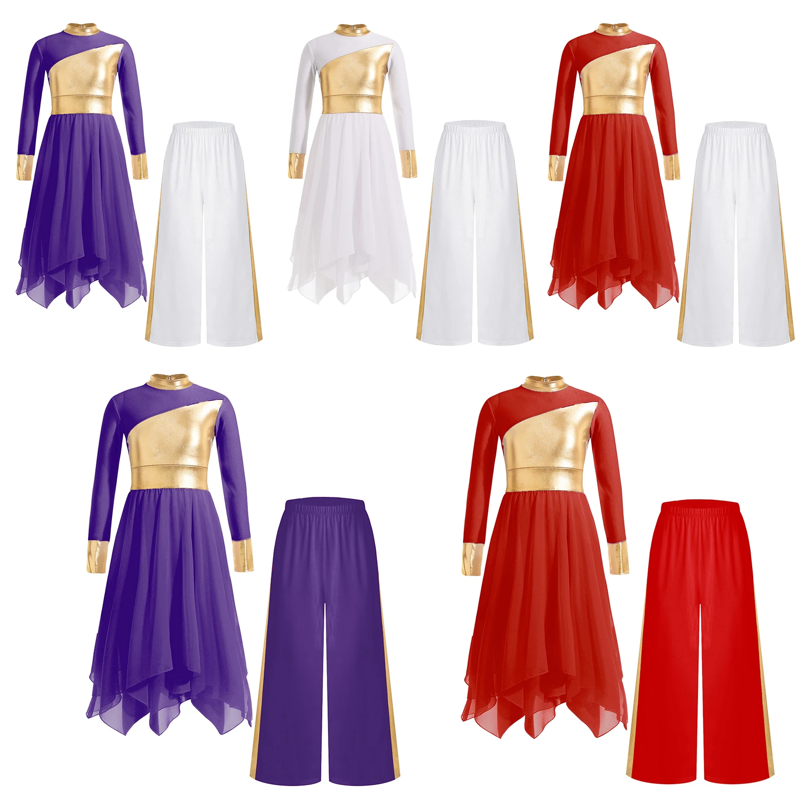 Girls Praise Dance Set Metallic Lyrical Dance Dress with Wide-Leg Pants Church Worship Choir Dancewear Stage Performance Costume