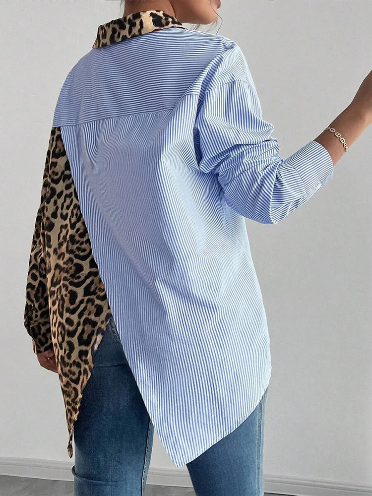 Koszula w panterkę z długim rękawem, patchworkowa, na wiosnę i jesień, luźny i nieregularny krój, uniwersalna do codziennych wyjść i pracy.