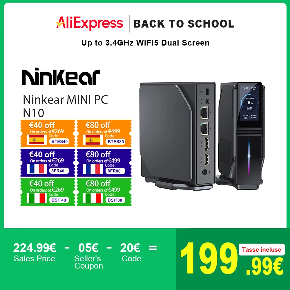 Ninkear-MINI PC N10, Intel N100, 16GB, DDR4 + 1TB, SSD, hasta 3,4 GHz, WIFI5, pantalla Dual