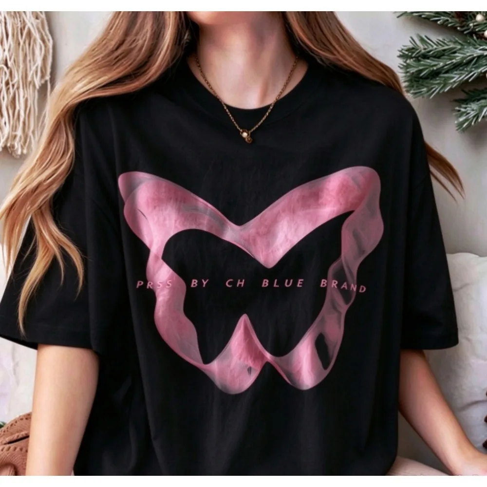 Pink Butterfly Graphic T-shirt Women Casual Loose Short Sleeve Tee PRSS BY CH BLUE BRAND Print Aesthetic Streetwear Tops