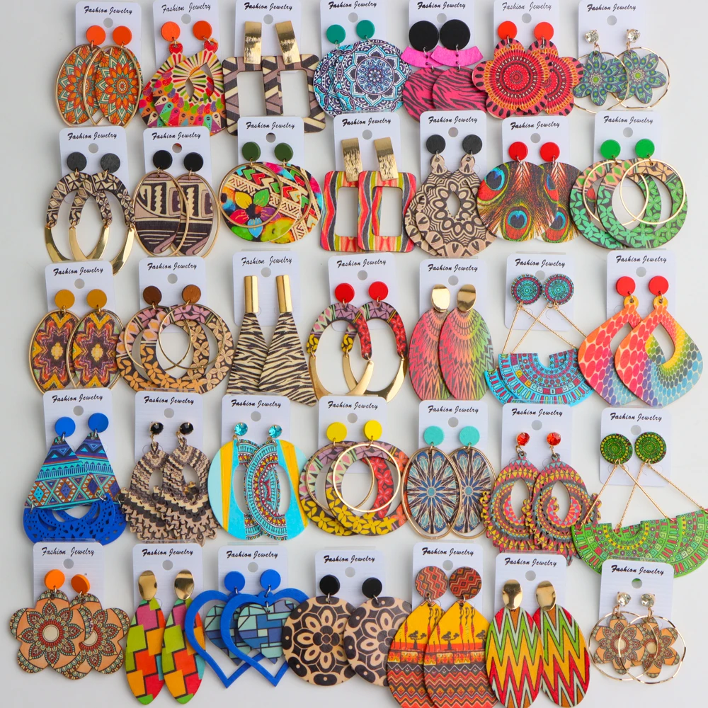 10 زوج/وحدة موضة أنيقة العرقية هندسية متعدد الألوان أقراط خشبية للنساء عطلة يومية مجوهرات اكسسوارات هدايا الحفلات