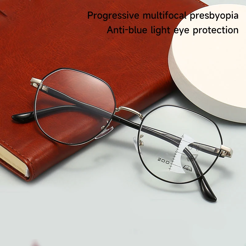 Retro Round Frame Progressive Multi-Focus Anti Blue Light Reading Glasses High-definition Dual-use Far Near Presbyopia Eyewear