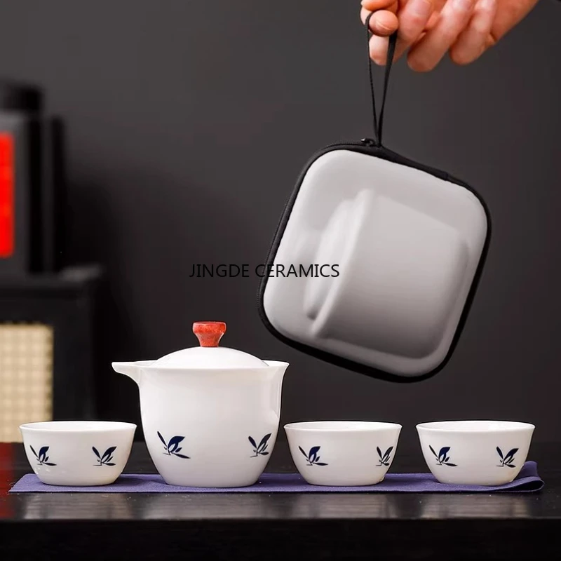 

Ceramic Tea Set, Portable Travel Tea Set, Tea Ceremony Accessories 1pot, 3cups, Household Hand-held Teapot, Chinese Style