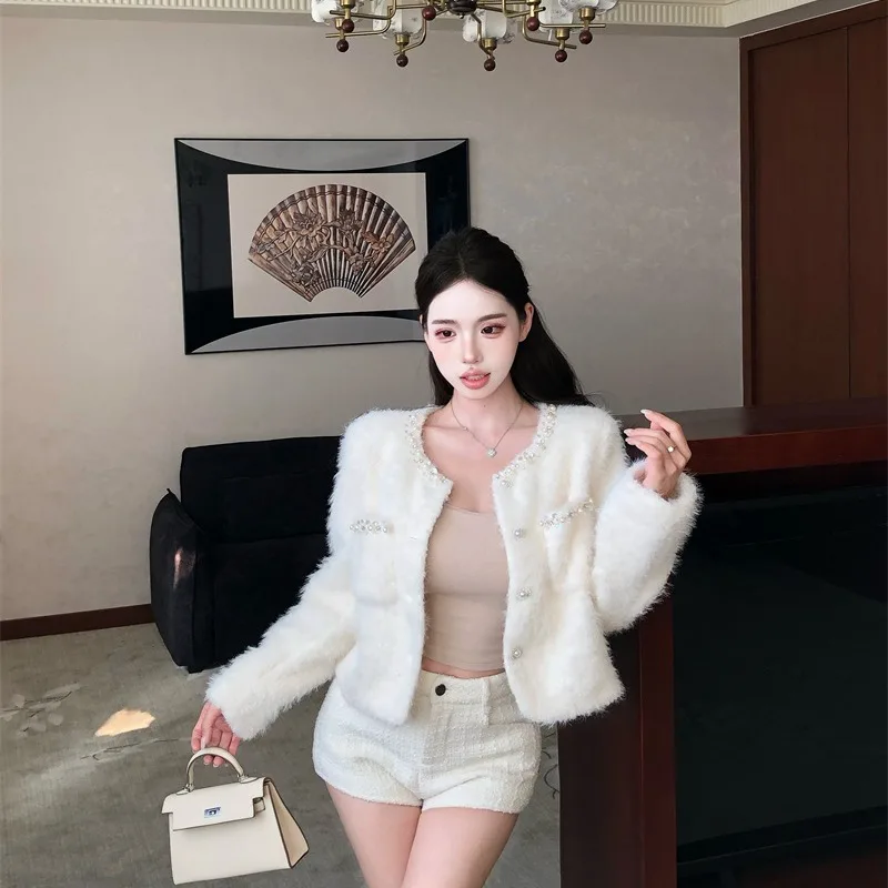 White Luxury Sequined French Fragrant Coat Women's New Autumn and Winter Jacket