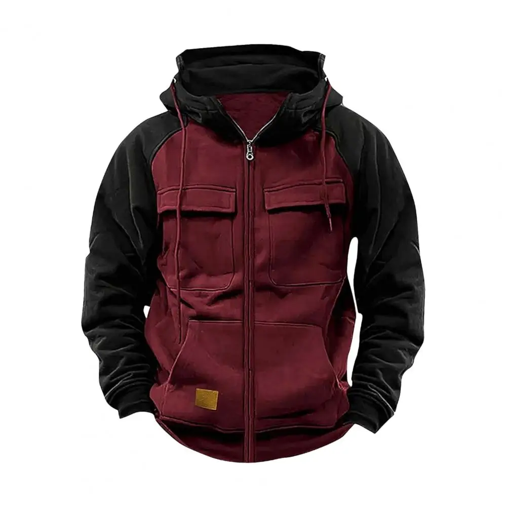 Colorblock Hoodie Sports Cargo Hoodie Retro Cargo Style Zipper Closure Multi Pockets Warm Hip Hop Contrast Color Sweatshirt