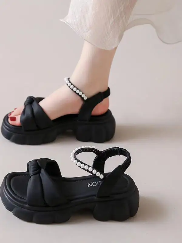 Casual Pearl Embellied Thi Heel Roman Sle Damessandalen Comfortabele leren bovenkleding Zomerslip-On oes