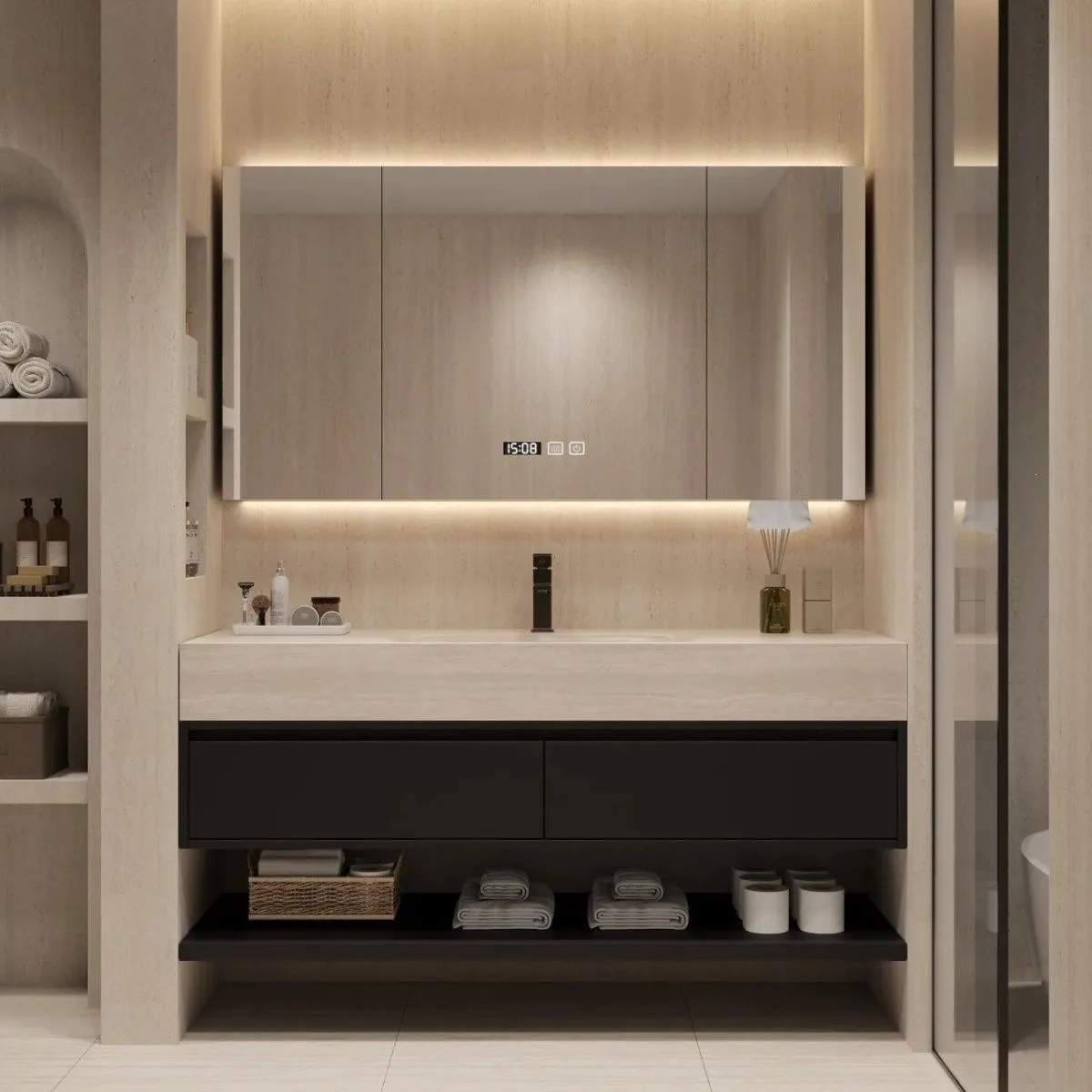 Blogger,the Same Travertine Rock Slab Hot Bending Integrated Basin, Bathroom, Bathroom Cabinet, Double-layer Combination Cabinet