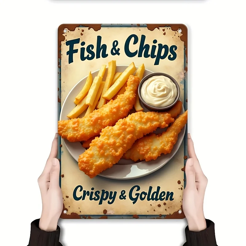 1pc Aluminum Sign 8.0X12.0inch Vintage Fish And Chips Aluminum Wall Decor Sign - Rustic English Pub Decoration with Golden Fries