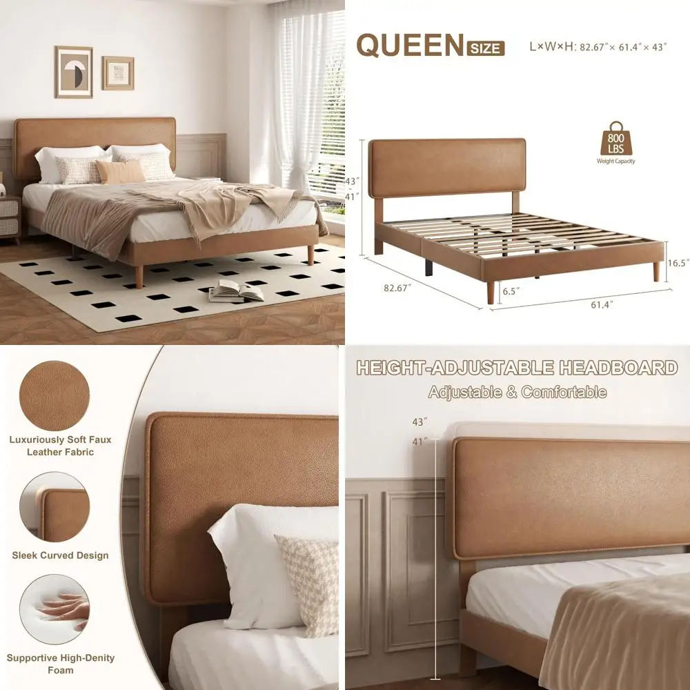 Queen-Sized Faux Leather Upholstered Bed Frame with Adjustable Headboard and Lychee Grain Leather Platform Base