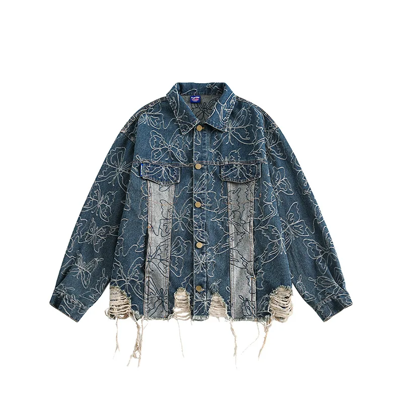 

Butterfly Jacquard Ripped Mans Denim Jacket, Japanese Vintage Raw Hem Men's Jeans Coat, Oversized Streetwear Jackets Man