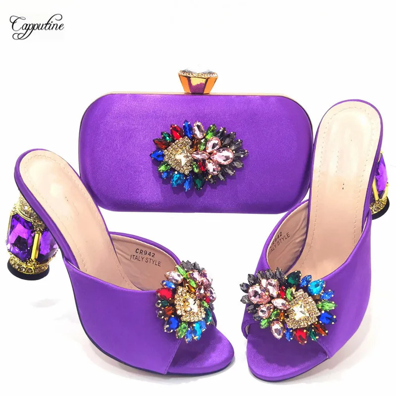 

Fashion Women Shoes And Bag Set Purple African High Heels Summer Slippers Match With Clutch Handbag Pantoufle Femme CR942