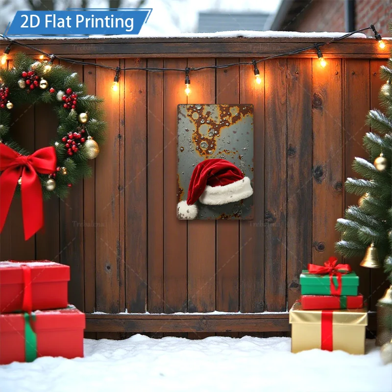 [2D FLAT] 1 قطعة علامة معدنية ريفية معدنية عيد الميلاد قبعة جدار ديكور فني