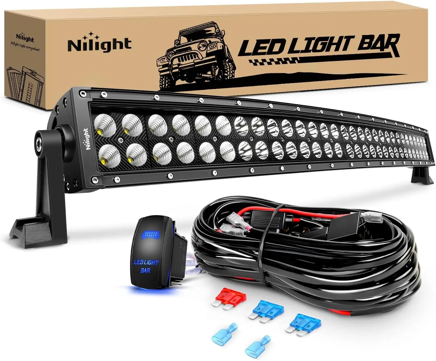 ZH410 32Inch 180W Curved LED Light Bar Work Light Spot Flood Combo Offroad Driving Lights with 16AWG Wiring Harness Kit， 2 Year