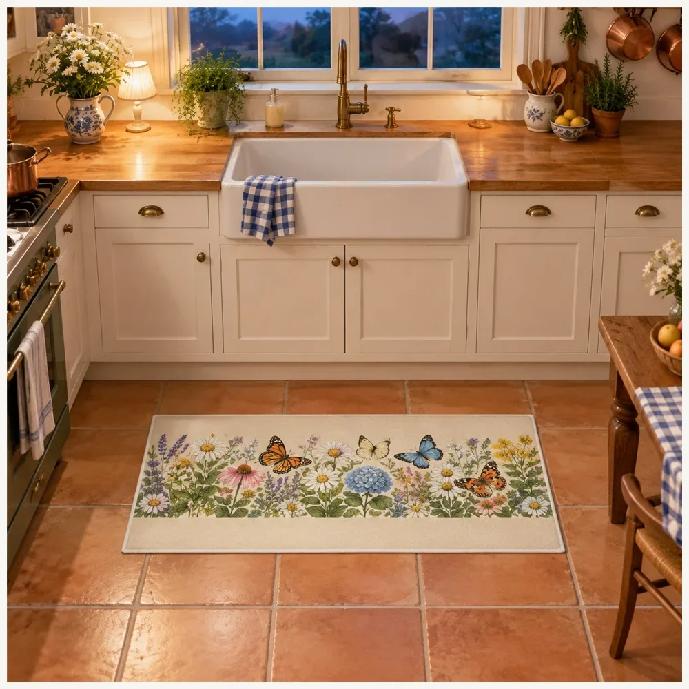 VIKAMA Butterfly Garden Door Mat, Non Slip Foldable Flannel Rug, Meadow Floor Mat for Cloakroom, Hallway, Front Door