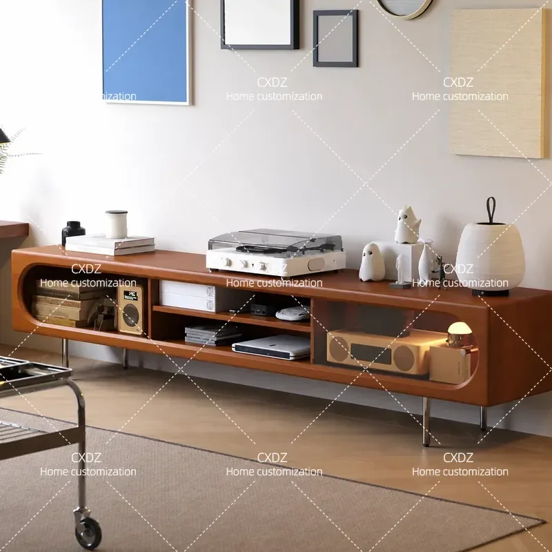 Solid Wood TV Cabinet with Glass Sliding Doors Retro Style Media Console Storage Locker for Small Apartment Living Room Floor