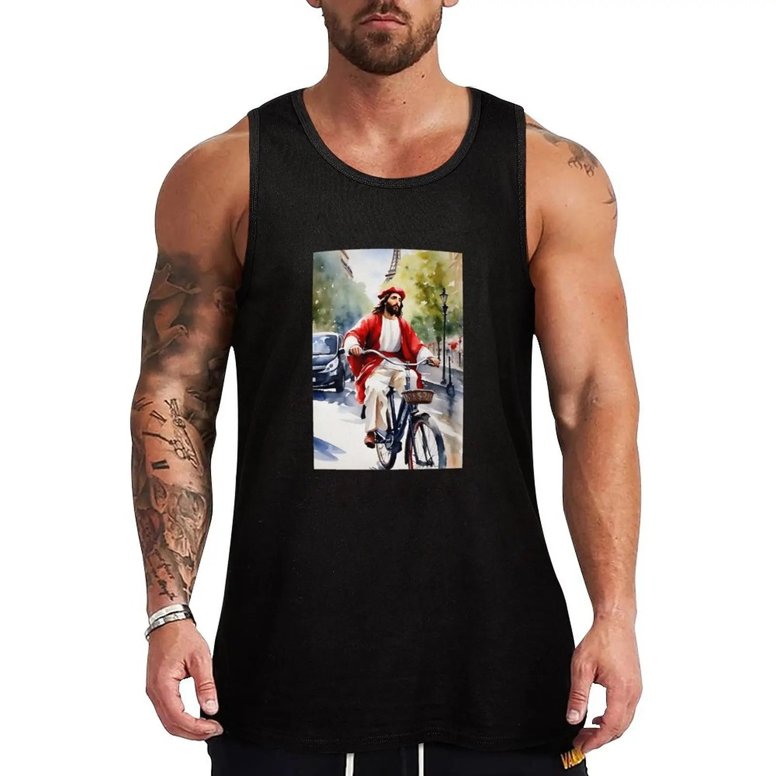 Cruising with Christ: Whimsical Bicycle Joy in Paris…Art By Carraann Tank Top Top gym clothes man fitness