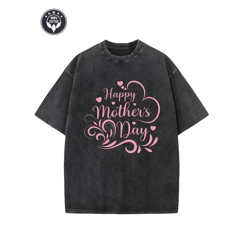 

"Happy Mother's Day" Graphic T-shirt, Women's Oversized Vintage Tee, Mom Life Gift, Floral Heart Print Casual Tops