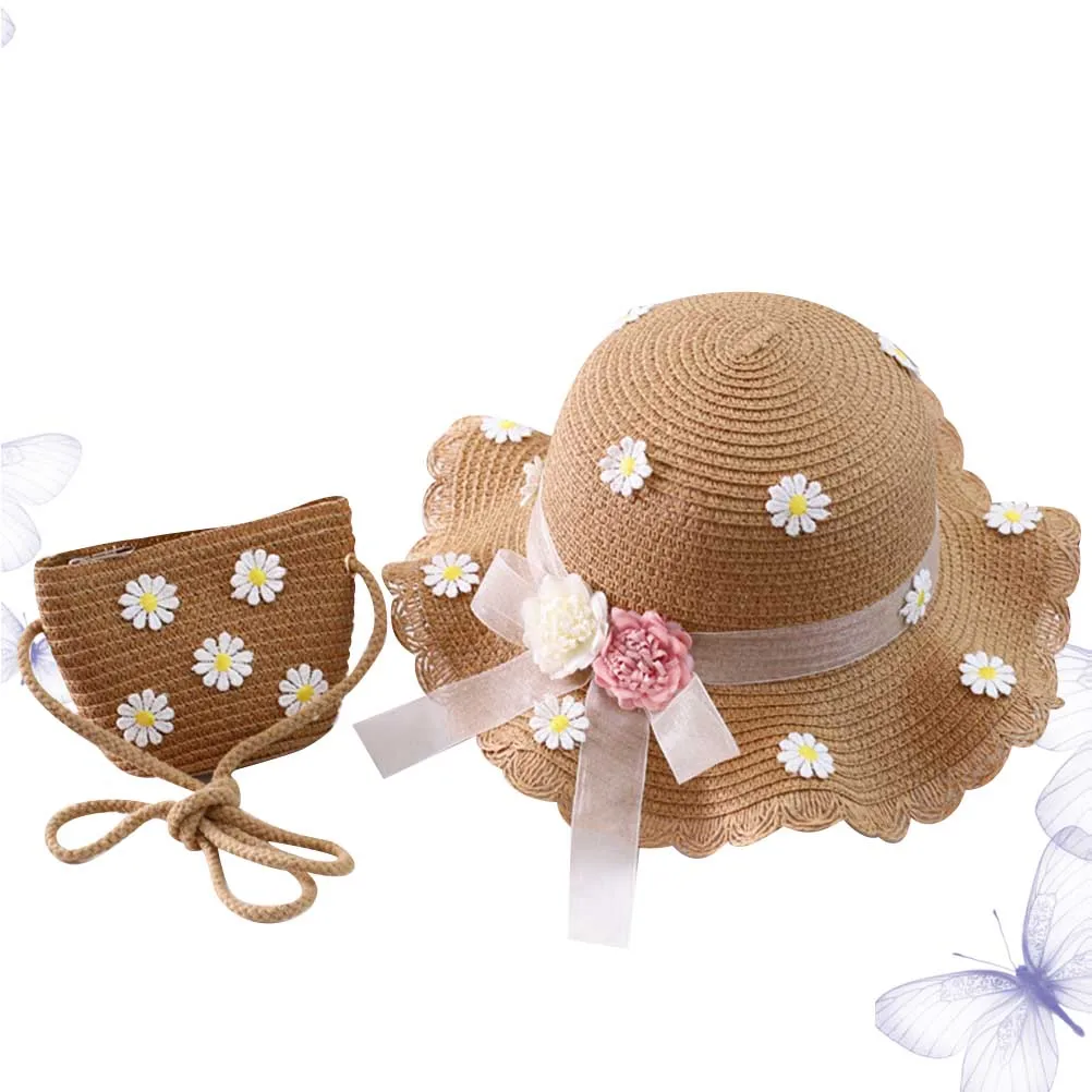 

2 Pcs Sun Hat Girl Sunscreen Bag Combination Beach Hats Summer Straw for Girls