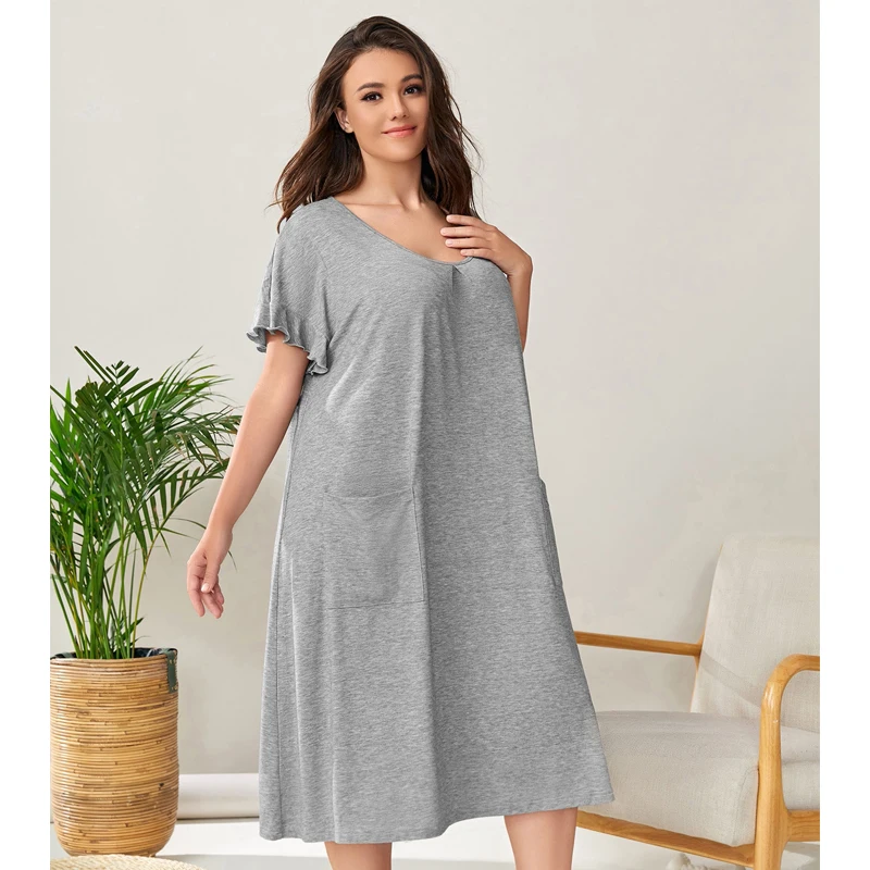 Plus Size 3XL 4XL 5XL Ruffled Nightdress Sexy Women\'s Pocket Nightwear Loose Casual Intimate Lingerie Home Wear Simple Nightgown