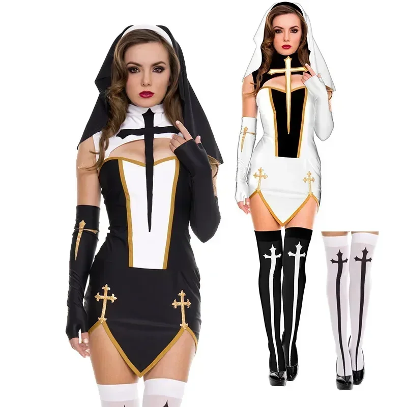 Disfraz de monja Sexy para mujer, disfraz de fantasía para carnaval y Halloween