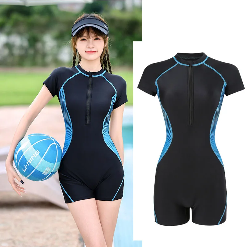 

Women's One Piece Short Sleeve Rash Guard Boyshorts Bathing Suit Swimsuit Sport Surfing Wear Athletic Swimwear Front Zip Sunsuit