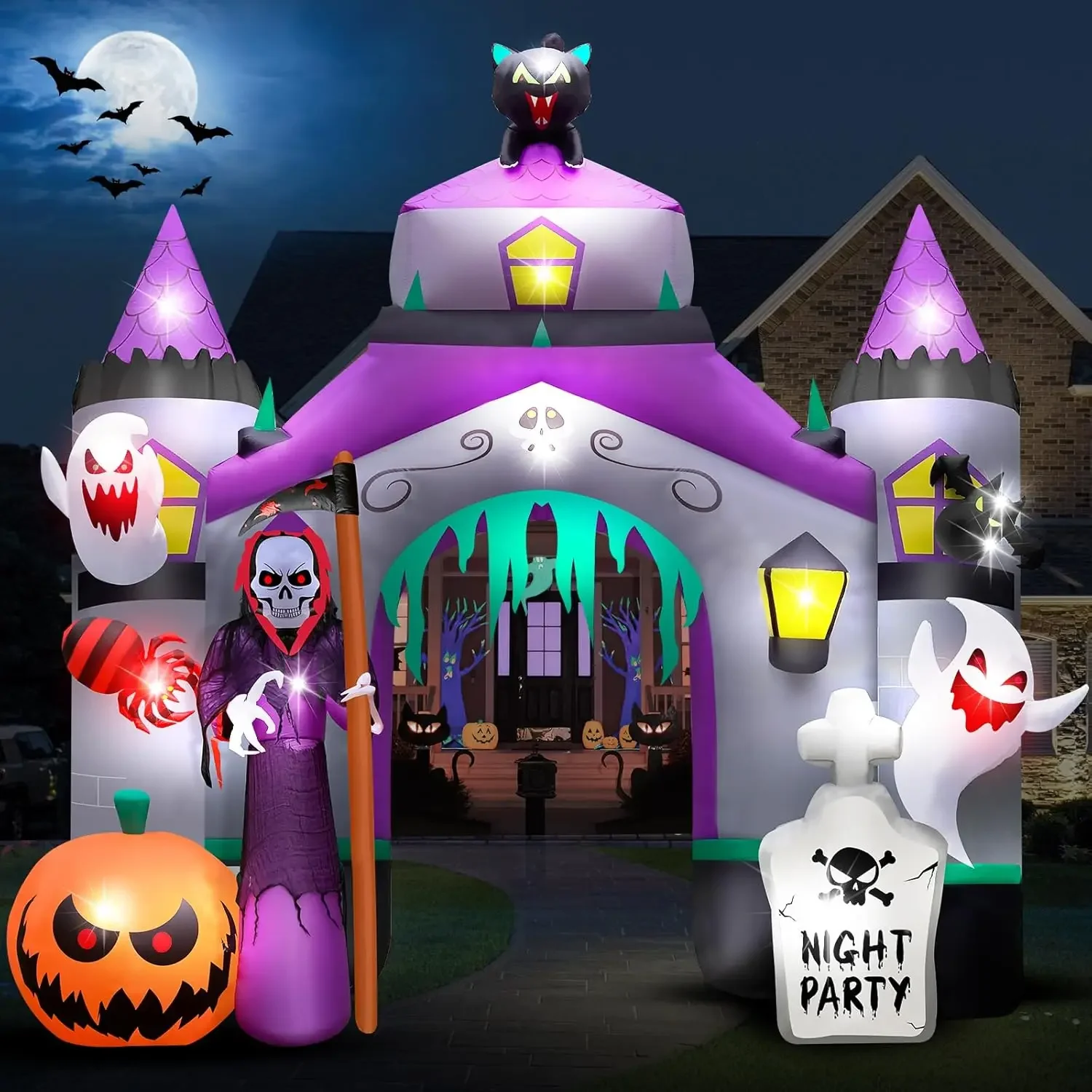 Château Gonflable d'Halloween de 12,5 Pieds, Décoration Extérieure Durable avec Ventilateur à Gonflage Rapide, Lumières Colorées