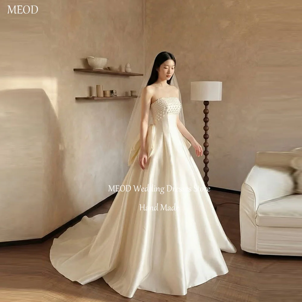 

MEOD Satin Wedding Dresses Bride A Line Vestidos De Novia Bow Long Train Pearls Strapless Formal Feminino Elegante Customized