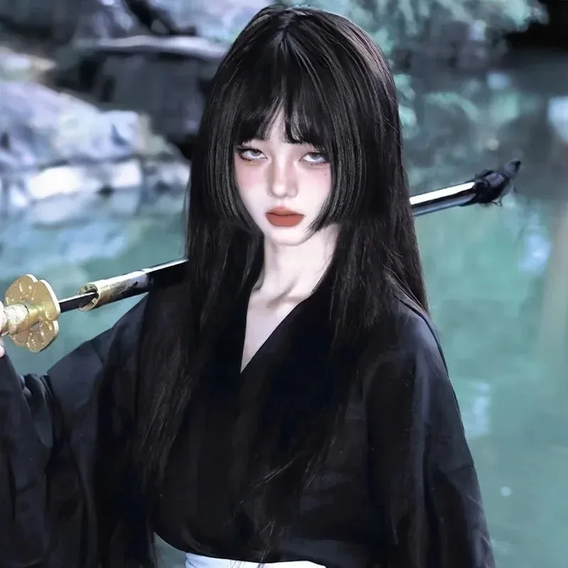 

Черный парик с челкой, длинные прямые волосы, парики для женщин, 24 дюйма, синтетический парик Лолиты для косплея, термостойкие волокна, повязка на голову, парик