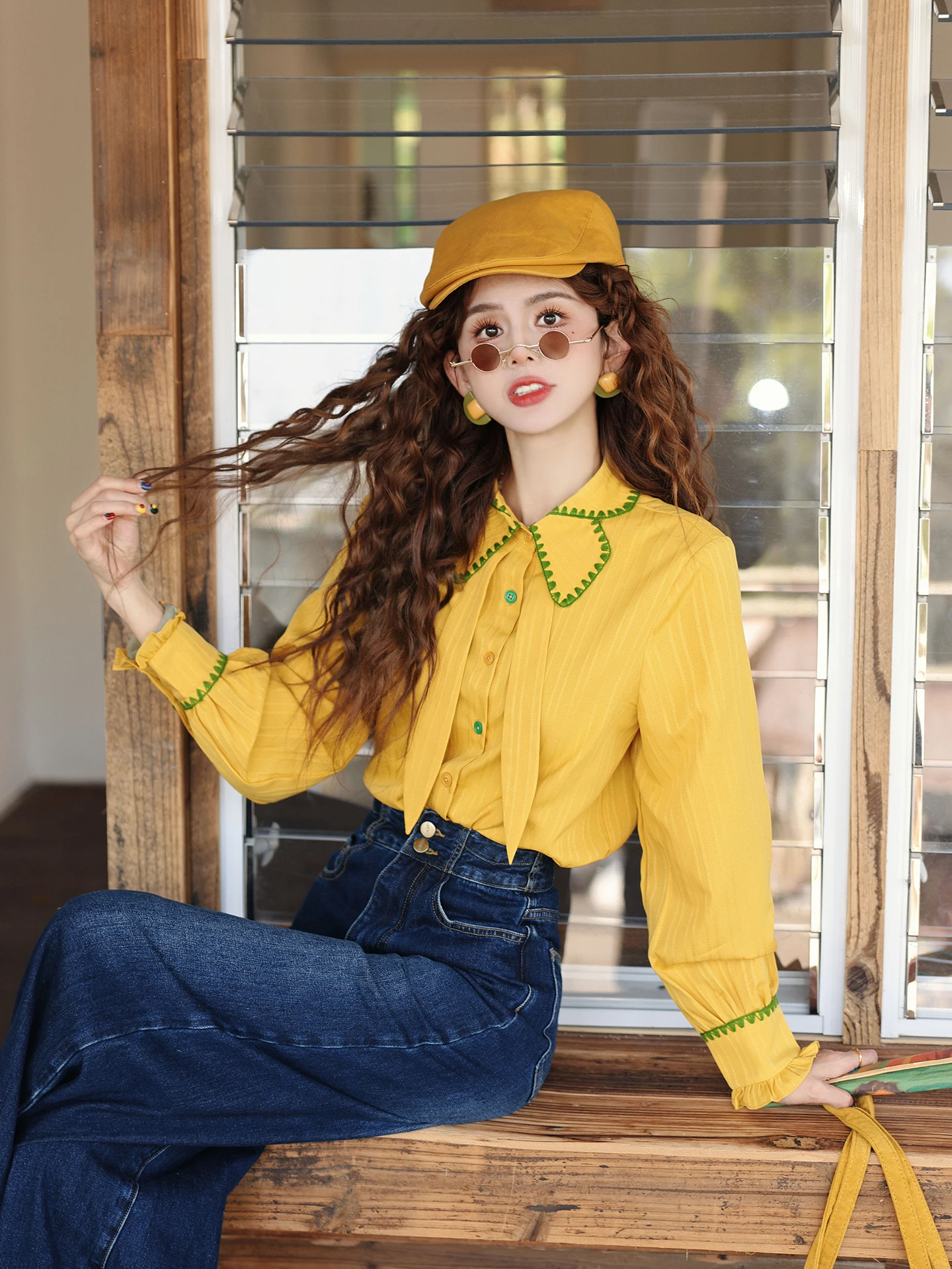 

Женская рубашка Chen Jiajie Spring Wheat Field с воротником, свободного кроя, с длинными рукавами, универсальная, удобная, дышащая, из полиэфирного волокна