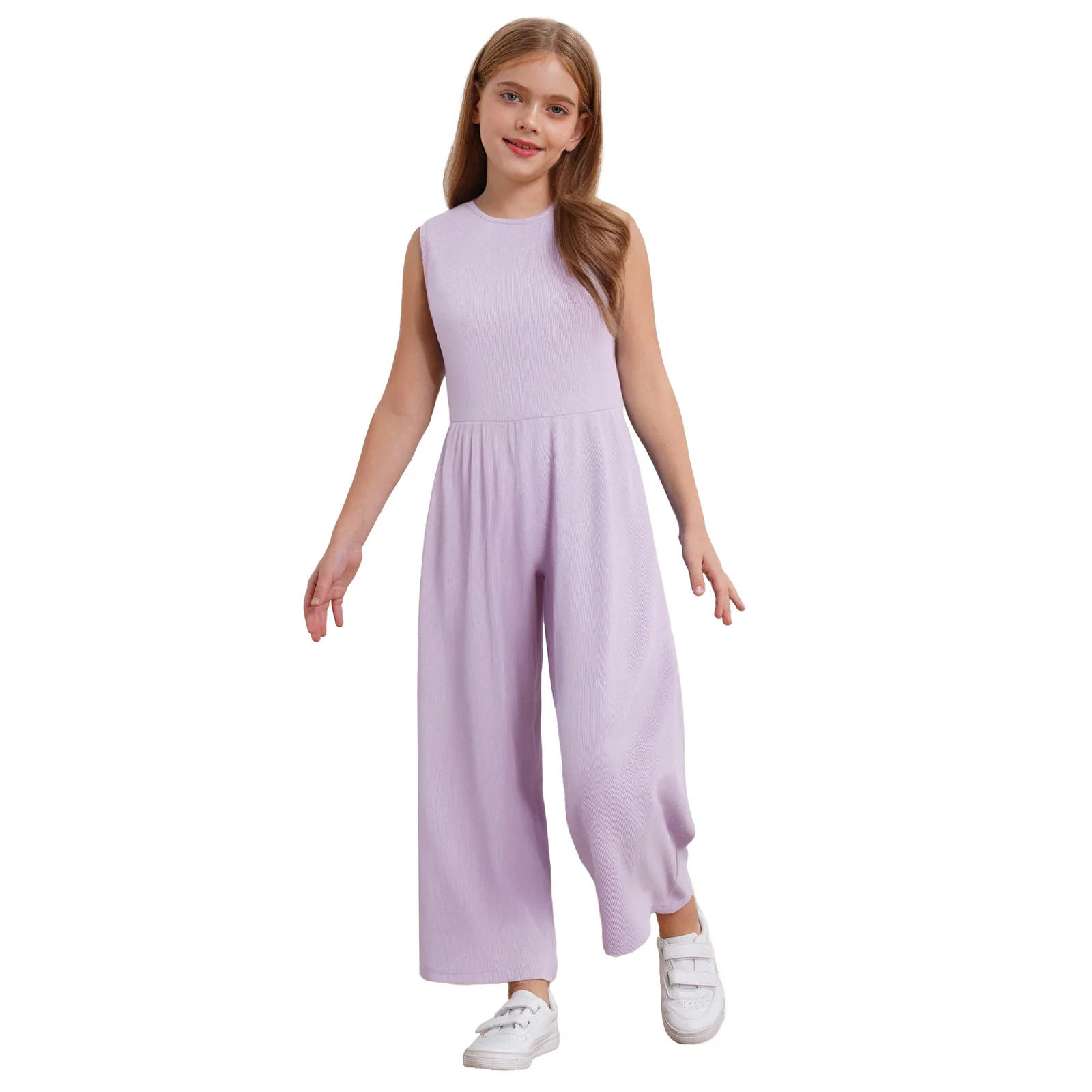 

Kids Girls Wide-Leg Ribbed Jumpsuit Summer Round Neck Sleeveless Back Invisible Zipper Rompers Casual Bodysuit for Travel Beach