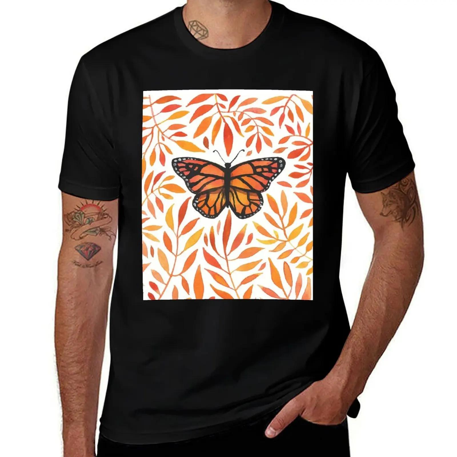 Monarch in the Orange Leaves T-Shirt Labor Work Casual T-Shirt