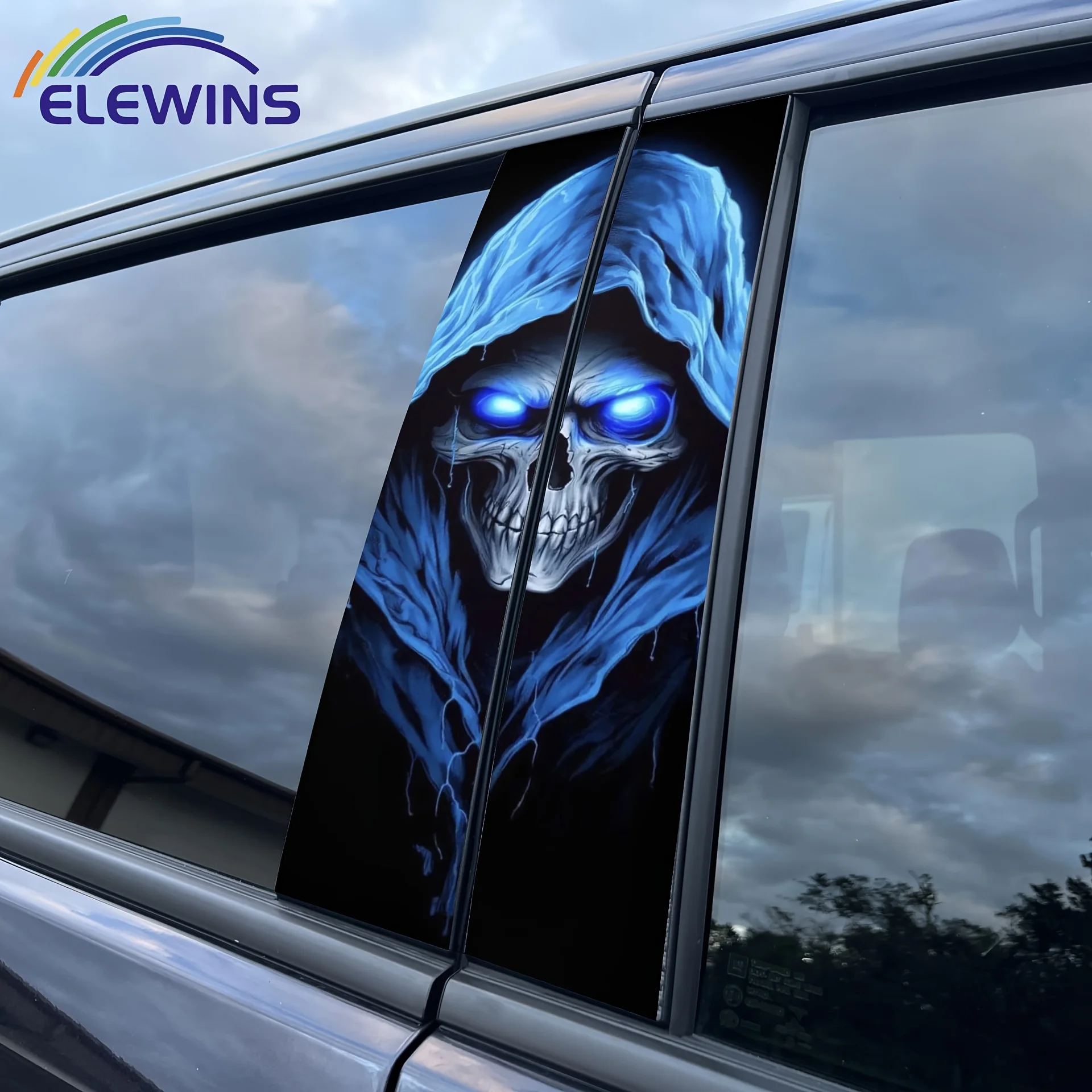 

2-Piece Skull Hood Sticker - Durable Vinyl Decal with Shiny Eyes, Self-Adhesive Protective Film for DIY Look Modification,