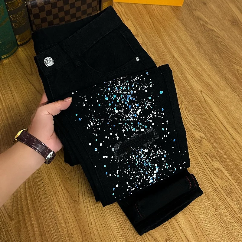 Black Ripped Denim Trousers Men's High-End Street Fashion Printing Design Slim Fit Feet 2024 New Men's Pants