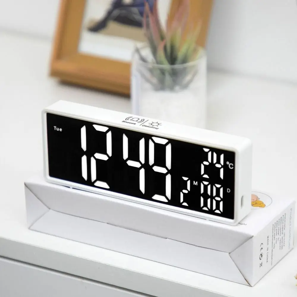 Simple Rechargeable Digital Clock 2 Night Mode 12/24H LED Mirror Clock TEMP Date Week Anti-disturb Alarm Clock