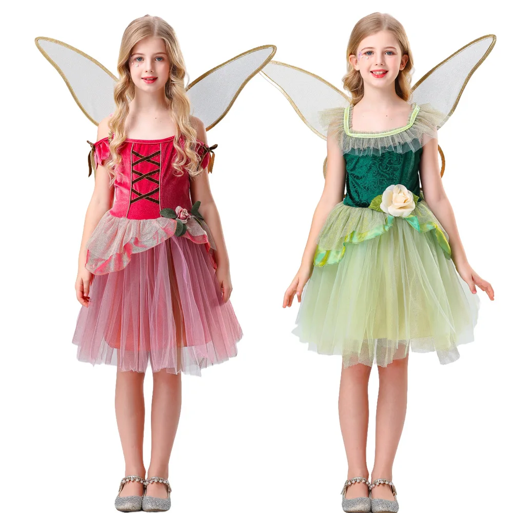 

2025 New Arrival Green Girls Tinker Bell Halloween Dress Up Red Flower Fairy Child Costume