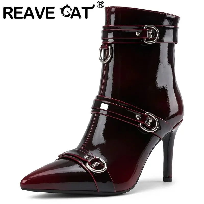 REAVE CAT Gradual Color Women Ankle Boots Pointed Toe Stiletto 9cm Belt Buckles Plus Size 44 45 46 47 48 Sexy Dating Short Botas