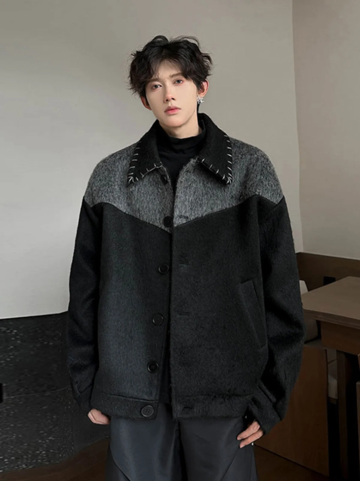 

Мужское шерстяное пальто Thiened Jaet с воротником-стойкой в стиле пэчворк, осенне-зимнее теплое пальто из полиэфирного волокна, длинное све-стойка