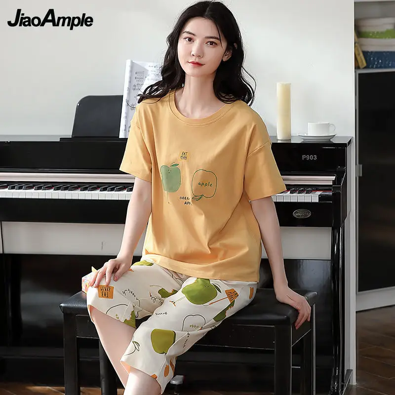 Women's Short Sleeve Cropped Pants Pajamas 2 Piece Set 2022 Summer New Loose Pijamas Korean Cute Sleepwear Home Clothes Suit