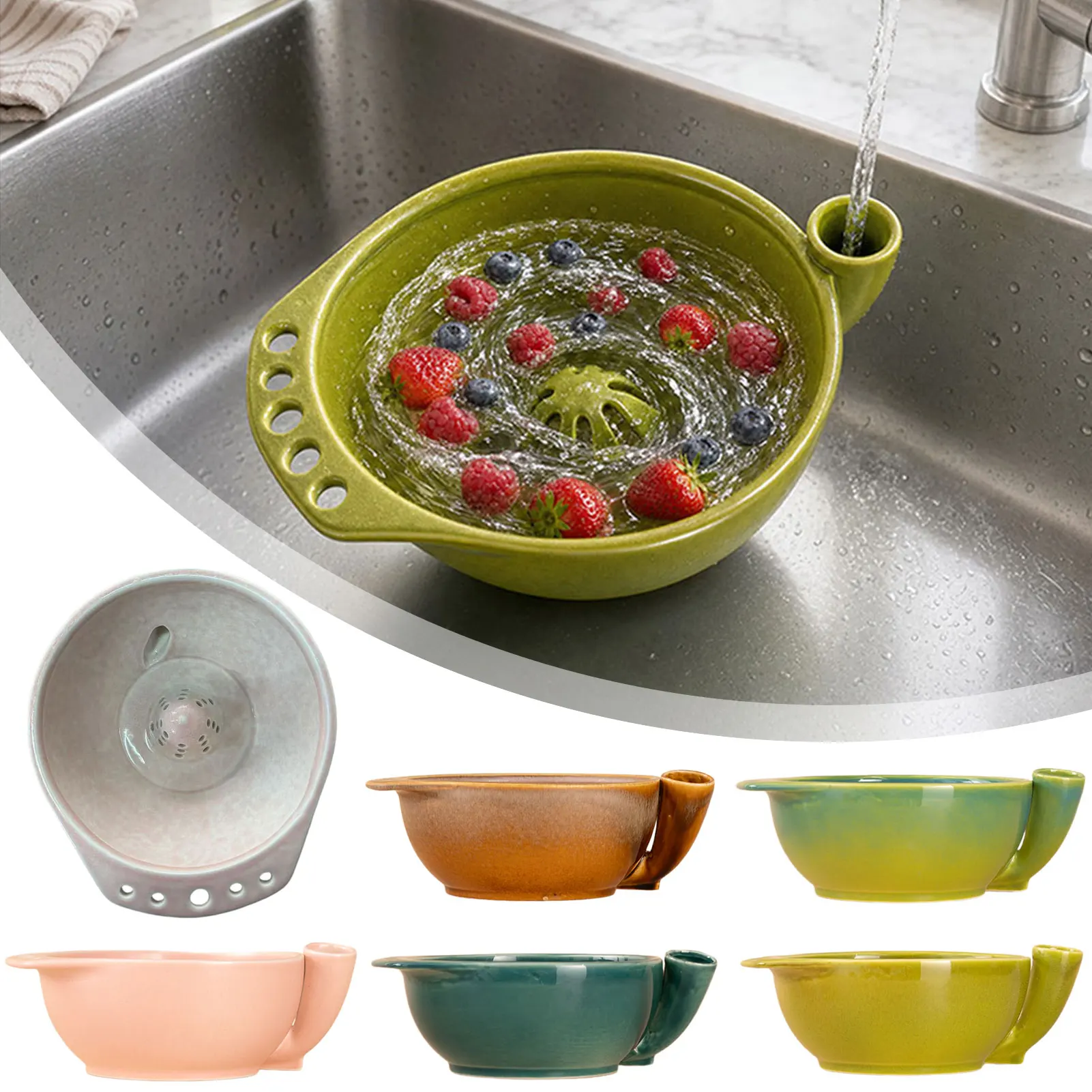 Fruit Washer Bowl With Built-In Strainer Multipurpose Ceramic Fruit Vegetable Washing Bowl For Cherry Tomatoes
