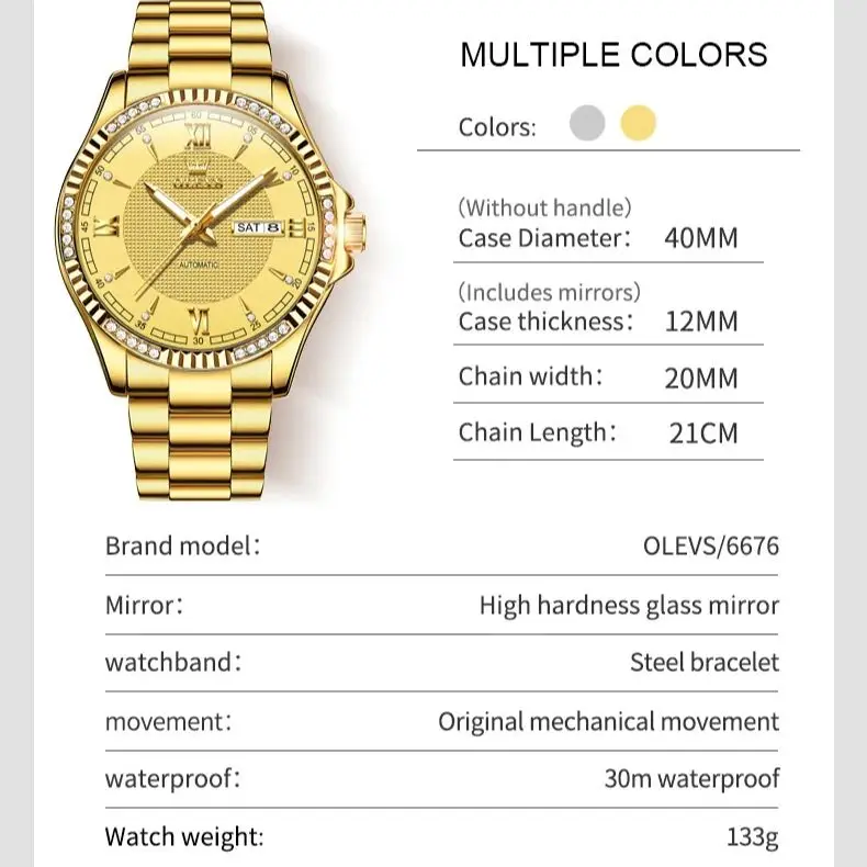 OLEVS 6676 Men\'s Watches Brand Original Luxury Automatic Watch for Men Waterproof Gold Stainless Steel Diamond Date Male Watch