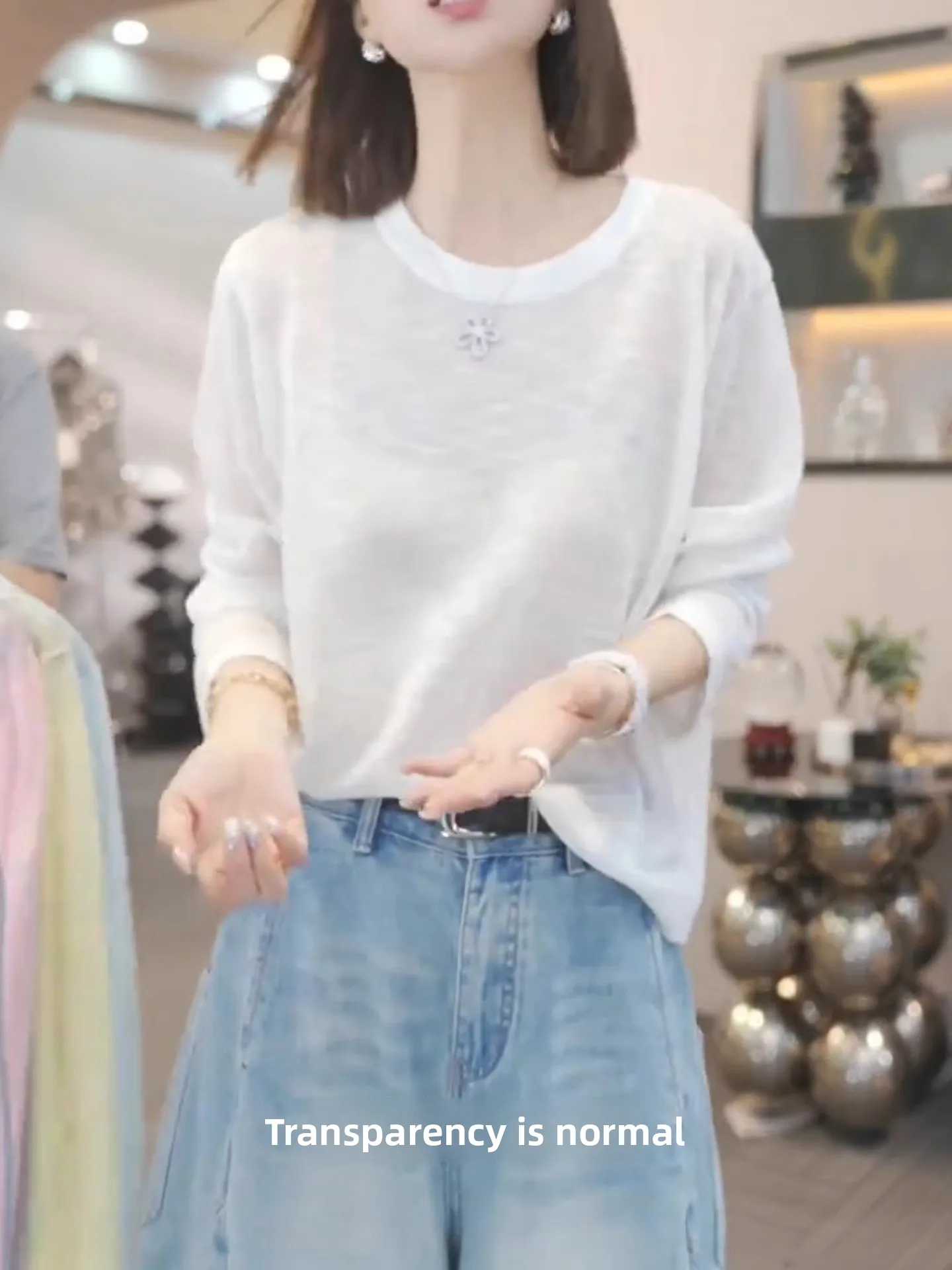 

Summer Loose Knitted Long Sve round Ne T-irt Sun Protection Casual Versatile Color Top for Women Breathable Faion