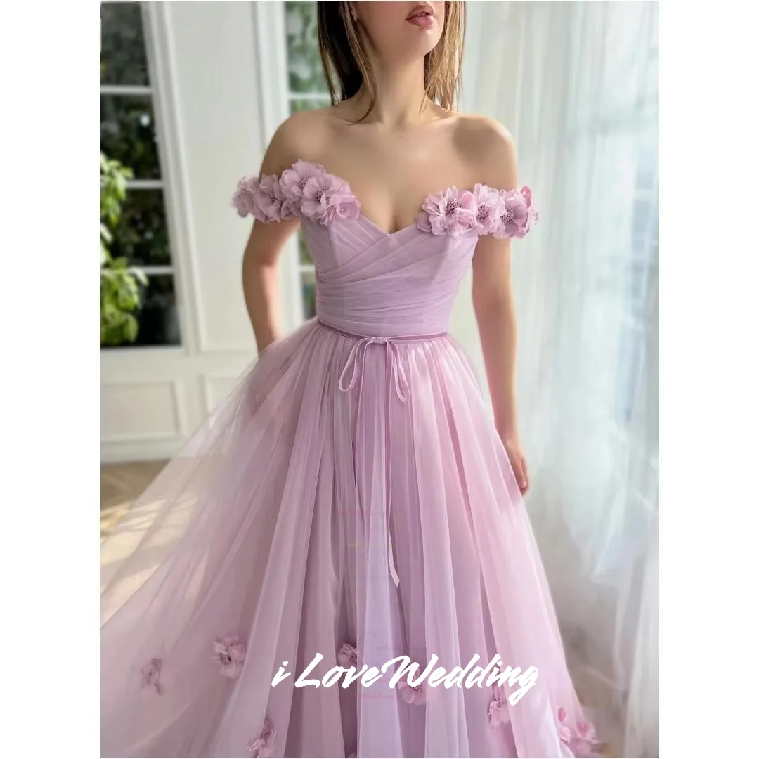 Purple V-Neck Prom Dresses 2025 Tulle Off Shoulder 3D Flowers A-line Side Split Pleated Floor-Length Evening Dresses Customized