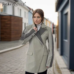 TWOTWINSTYLE Colorblock Spliced Button Spriped Blazer For Women Notched Long Sleeve Irregular Slimming Designer Coats Female New